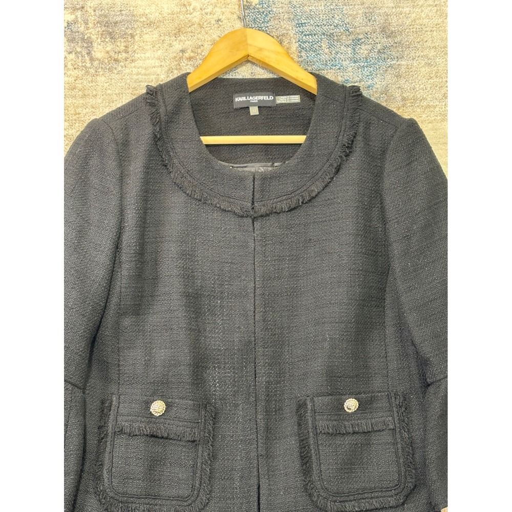 Karl Lagerfeld Paris Black Tweed Fringe Bell Sleeve‎ Jacket Size 12